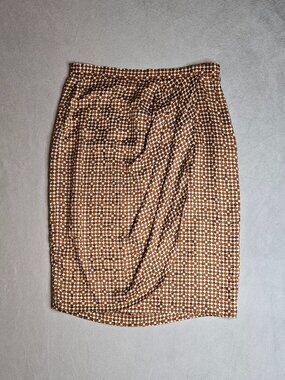 Vintage Julie Francis 100% Silk Draped Pencil Skirt Brown Pattern - Excellent Co